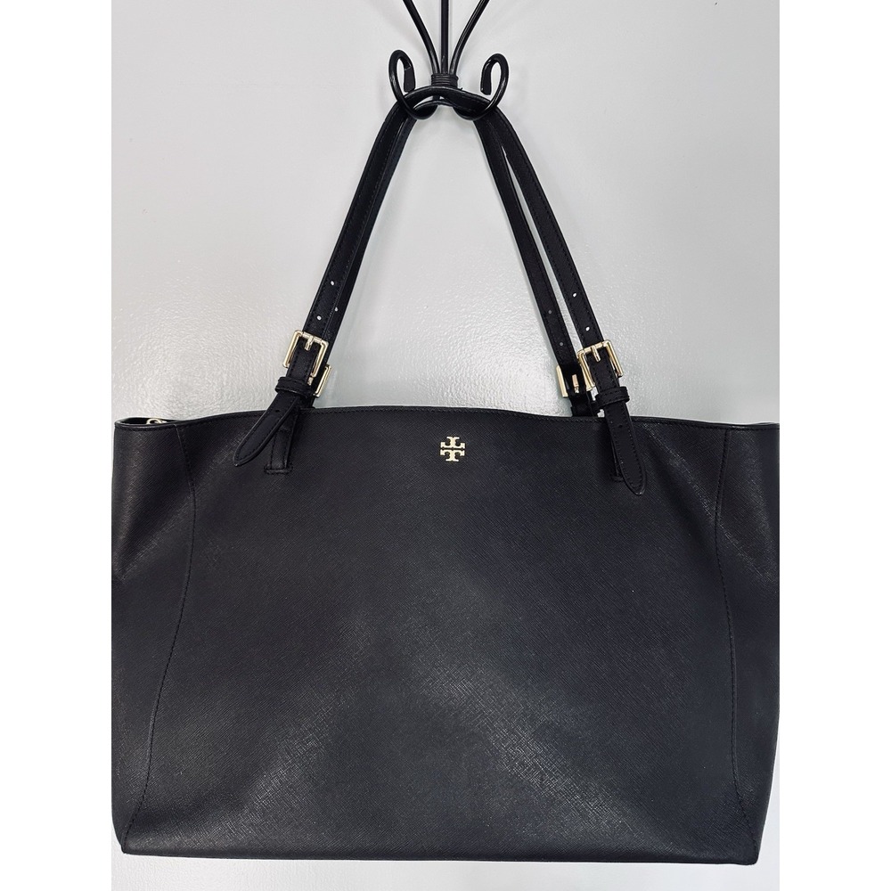 Tory Burch Emerson Black Saffiano Leather Large Tote Shoulder Work Bag